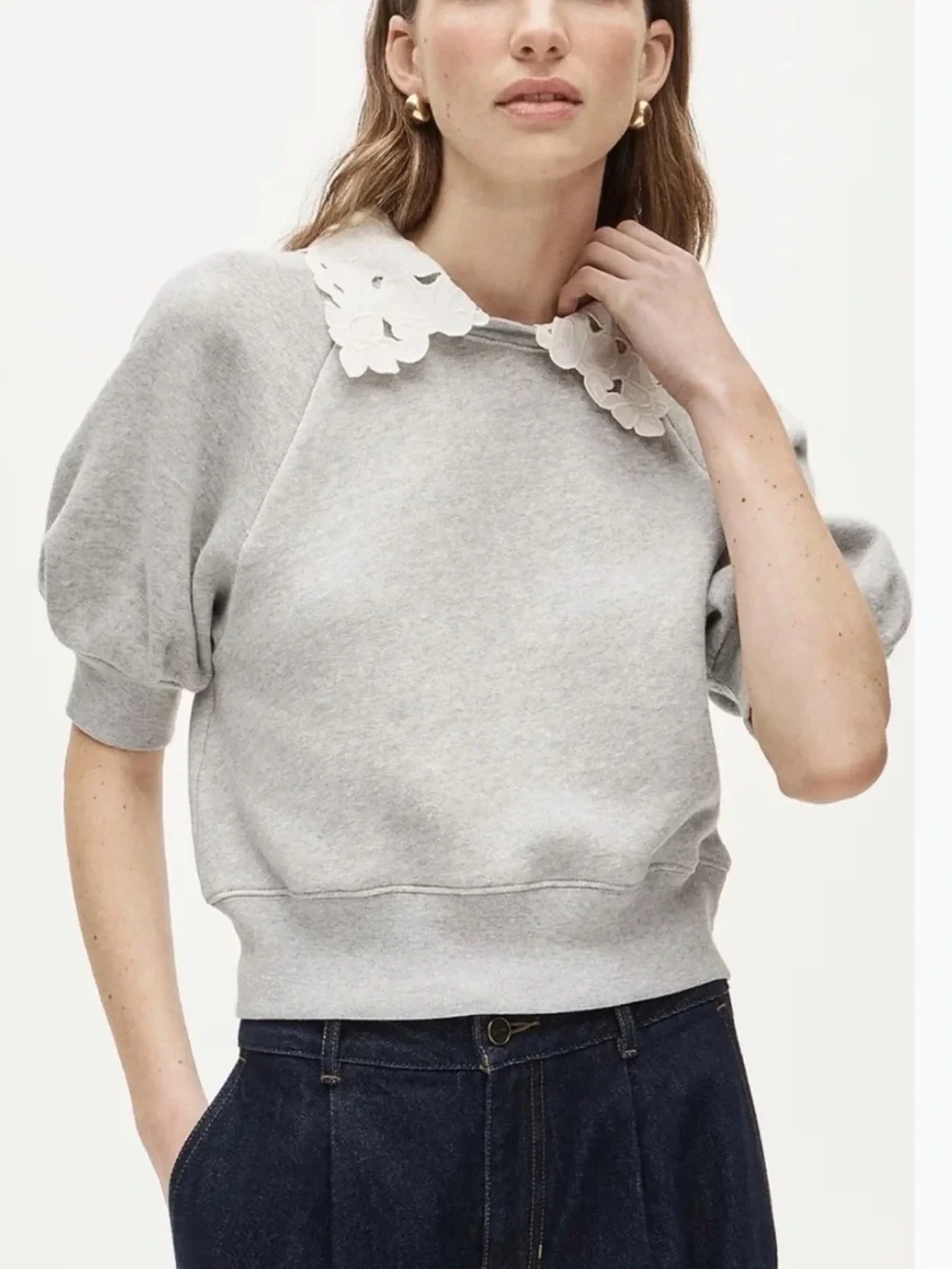 J. Crew Light Gray Puff-Sleeve Sweatshirt with White Floral Collar